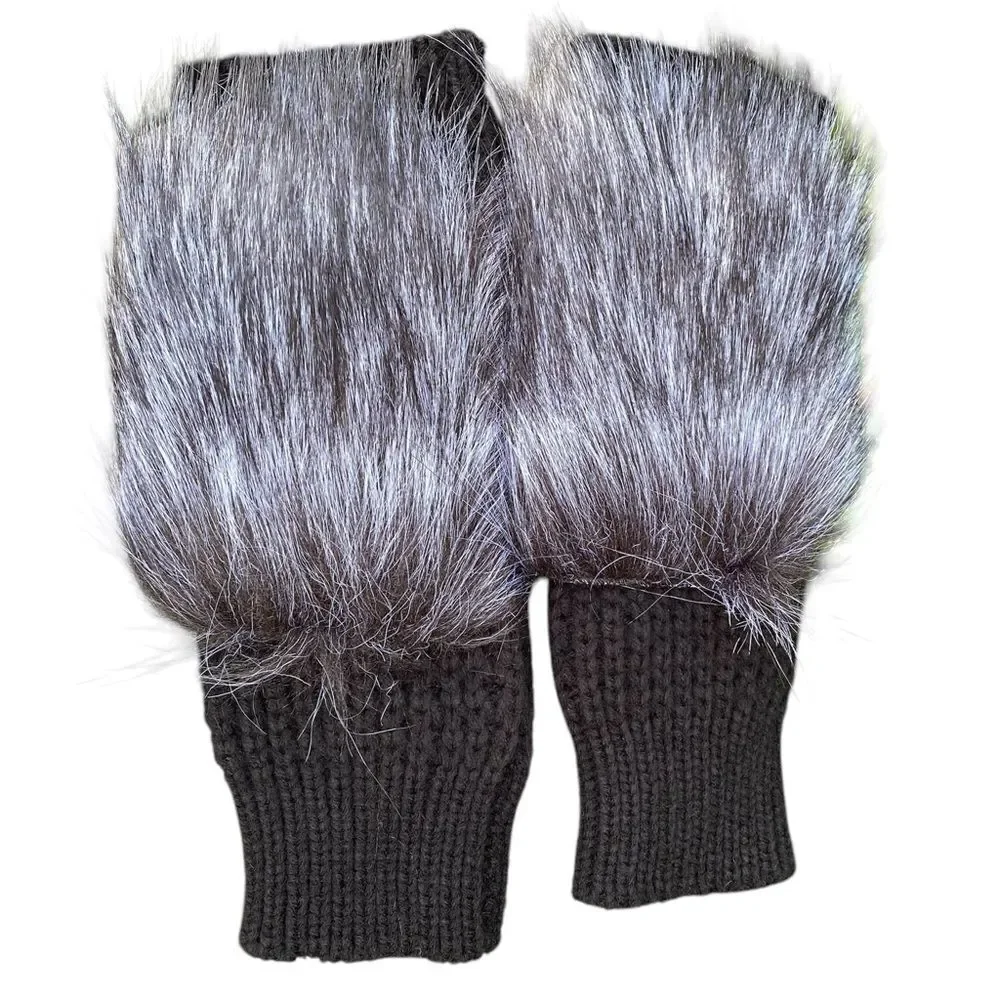 NWT New Adrienne Landau Black Faux Fur Fingerless Gloves/Wrist Warmers OS Winter